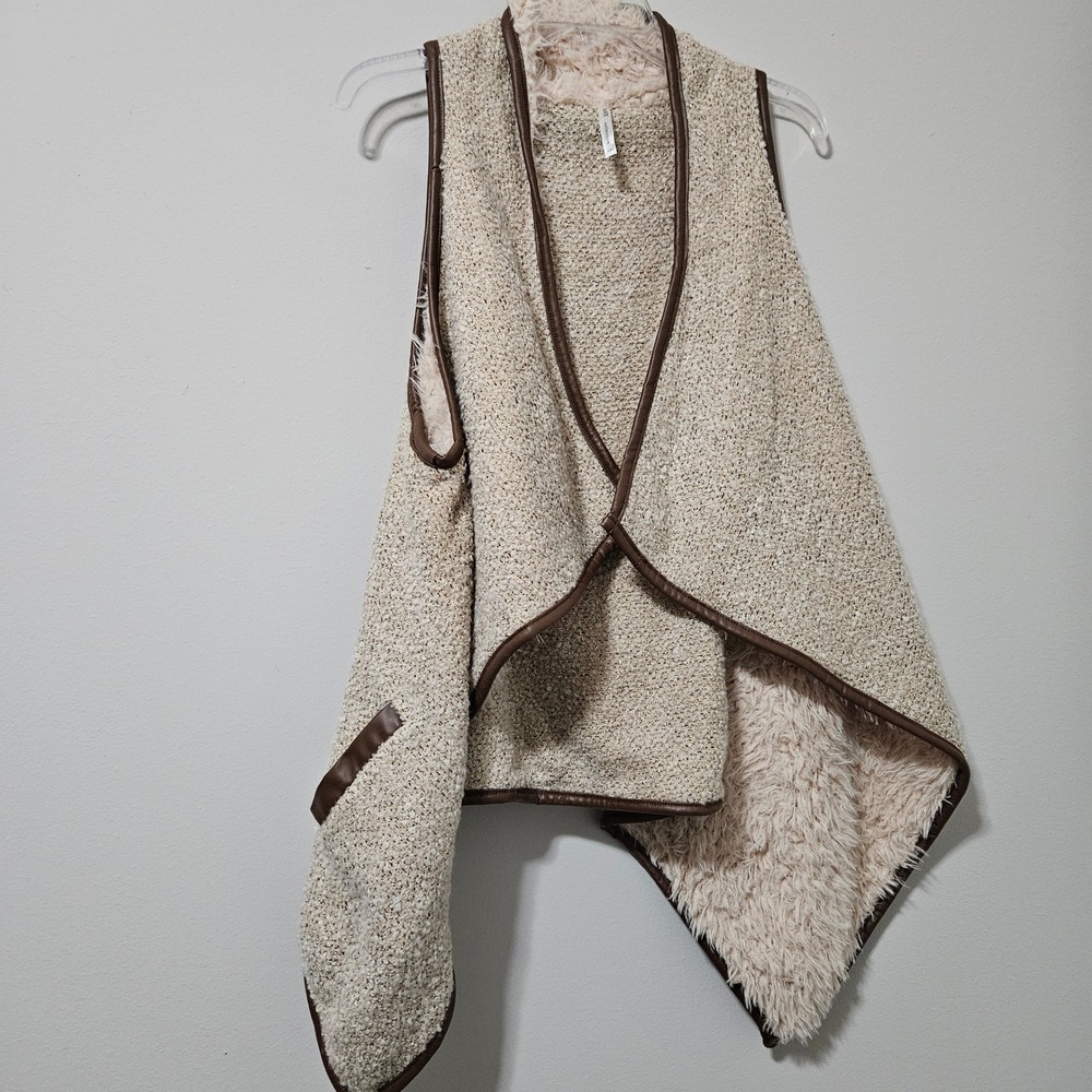 Kate Collection Womens Boucle Knit Faux Fur Lined Waterfall‎ Vest Tan Brown M